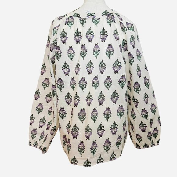 J.Crew Boho Floral Block Print Tunic Blouse White Purple Green | Size L … - Picture 2 of 4